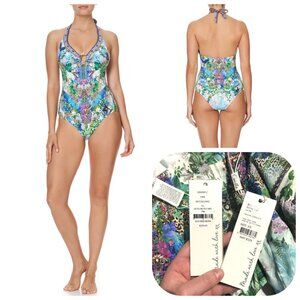 NWT Auc CAMILLA HALTER ONE PIECE "Moon Garden" o ring detail  SWIMSUIT XS